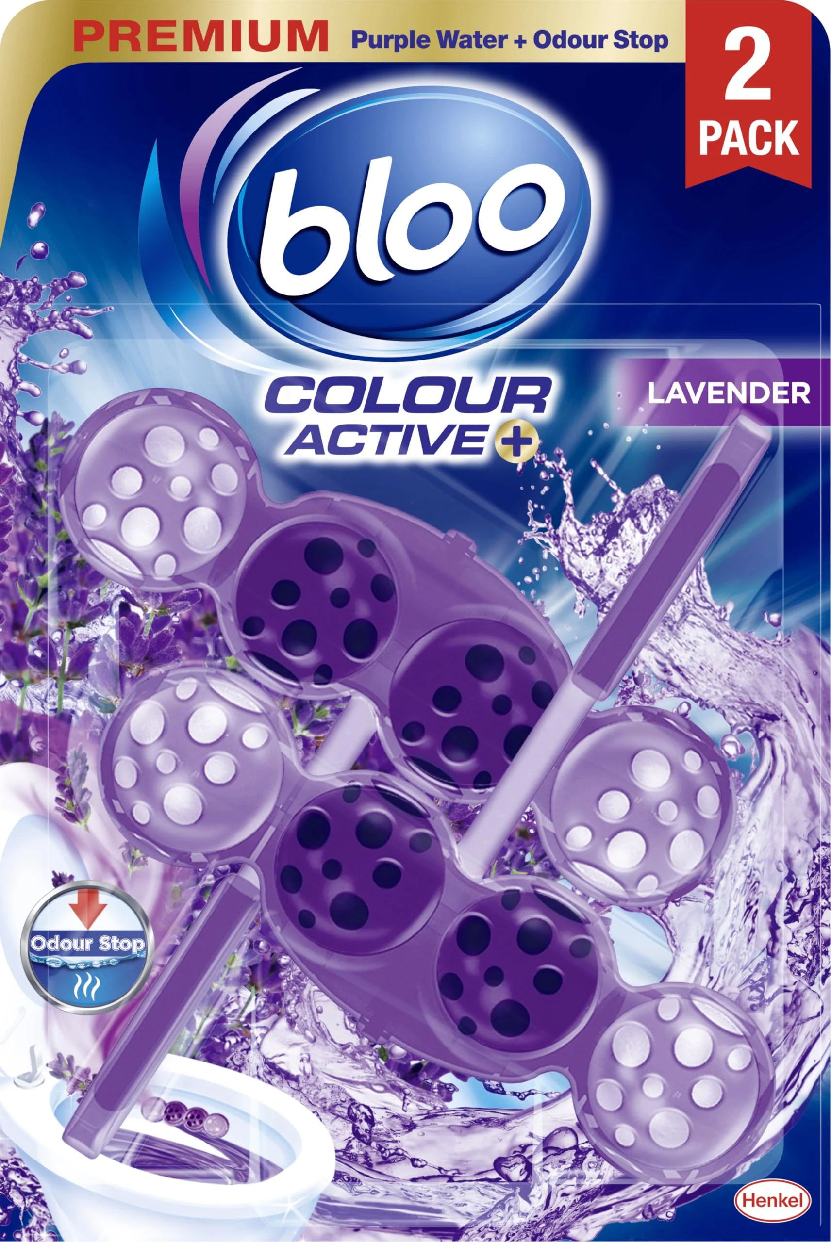 Bloo Colour Active Toilet Rim Block Lavender with Anti-Limescale, Cleaning Foam, Dirt Protection and Extra Freshness - 2 x Rimblocks, purple