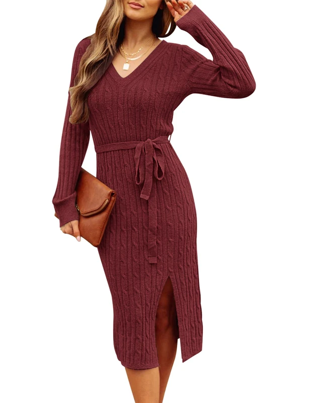 Merokeety Women's V Neck Cable Knit Sweater Dress Long Sleeve Bodycon Slit Pullover Midi Dress with Belt, Burgundy, Medium
