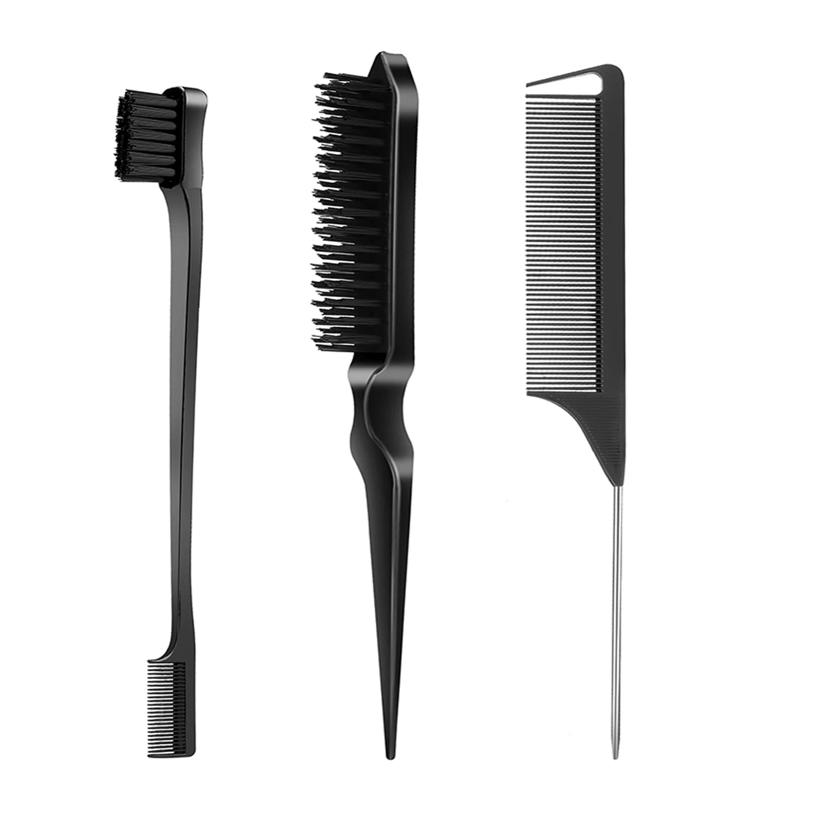 SWEET VIEW 3 Pcs Slick Back Hair Brush Set with Edge Brush, Bristle Brush, Rat Tail Comb, Teasing Brush Set for Smoothing Baby Hair & Flyaways - Black