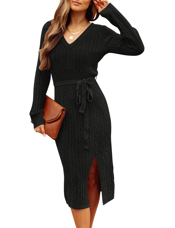 MEROKEETY Women's 2025 Long Sleeve Bodycon Sweater Dress V Neck Cable Knit Slit Midi Dresses with Belt, Black, S