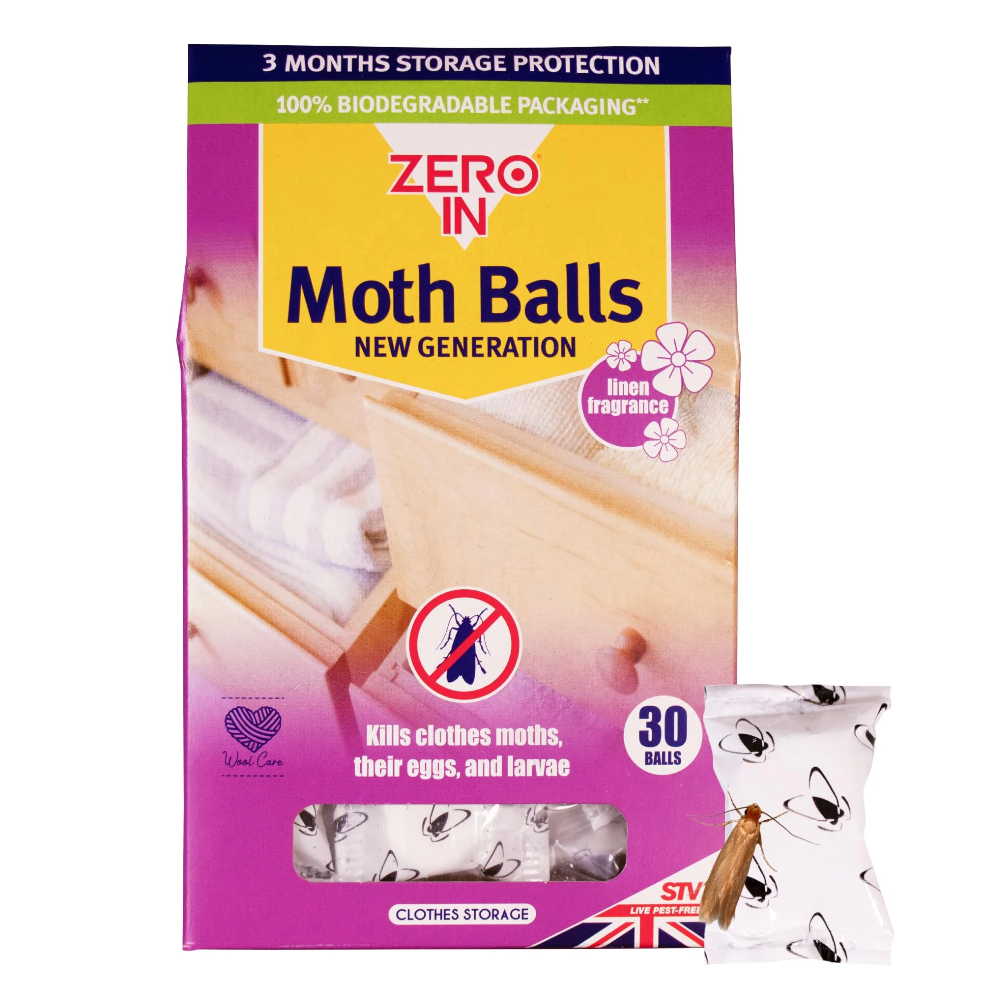 Zero In New Generation Moth Balls - Effective Moth Killer for Wardrobes - Up To 3-Months Protection - Advanced Transfluthrin Formula - For Drawers, and Storage Bags - 30 Pack
