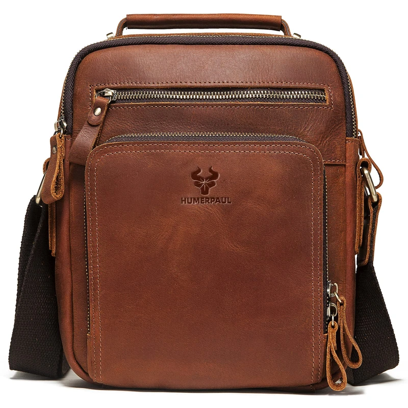 HUMERPAUL Genuine Leather Crossbody Sling Bag Messenger Man Purse Handbags for Mens Zipper Shoulder Bag for Work Business, Mh573-brown