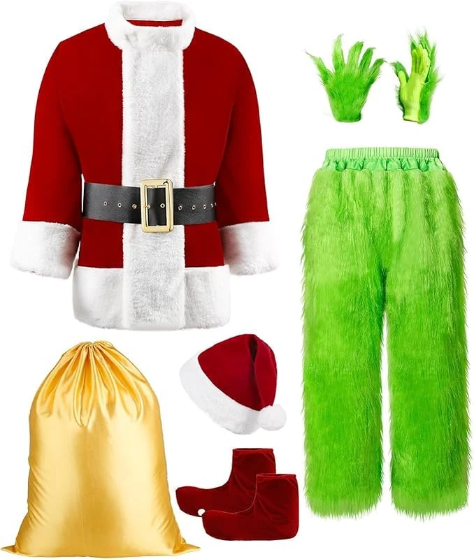 Asvsua Green Monster Santa Claus Costume Santa Suit for Men 8Pcs Christmas Deluxe Furry Green Monster Outfit (2XL) - Image 1