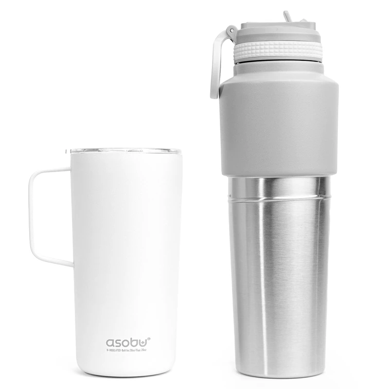 Asobu Twin Pack Bottle with White Mug, 0.9 L + 0.6 L