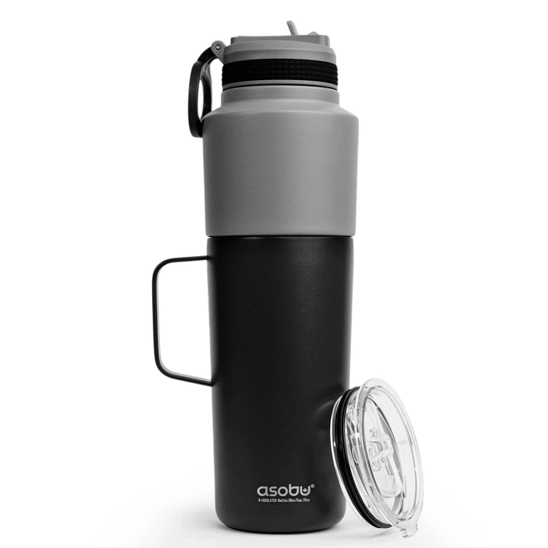 Asobu Twin Pack Bottle with Black Mug, 0.9 L + 0.6 L