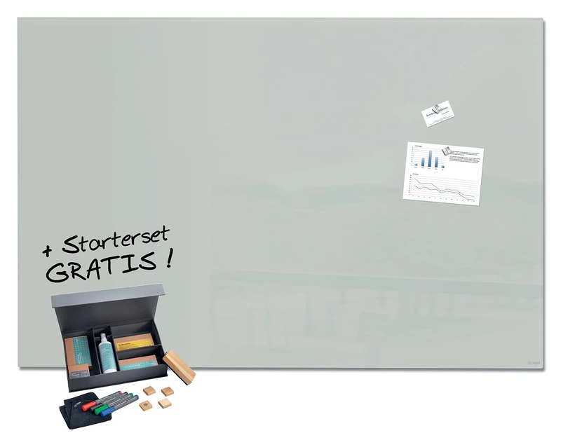 SIGEL SF477 Premium Glass magnetic Board, glossy surface, 150 x 100 cm, Grey + 6 magnets, markers and 3 cleaning supplies - Artverum