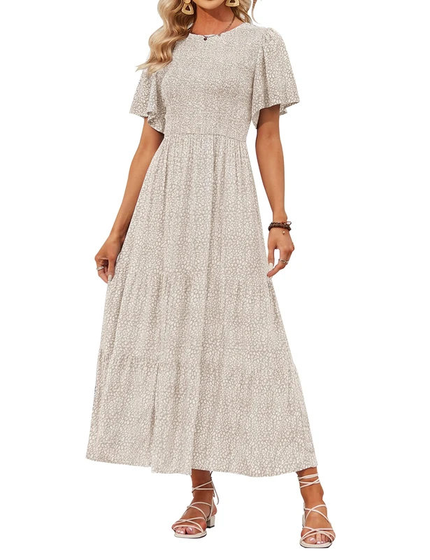 ZESICA Women's 2023 Summer Casual Floral Print Short Flutter Sleeve Crew Neck Smocked High Waist Flowy Maxi Dress, Beige, M