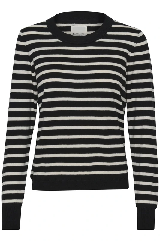 PART TWO Women's GertiePW PU Relaxed fit Long Sleeve Pullover, Black Stripe, L
