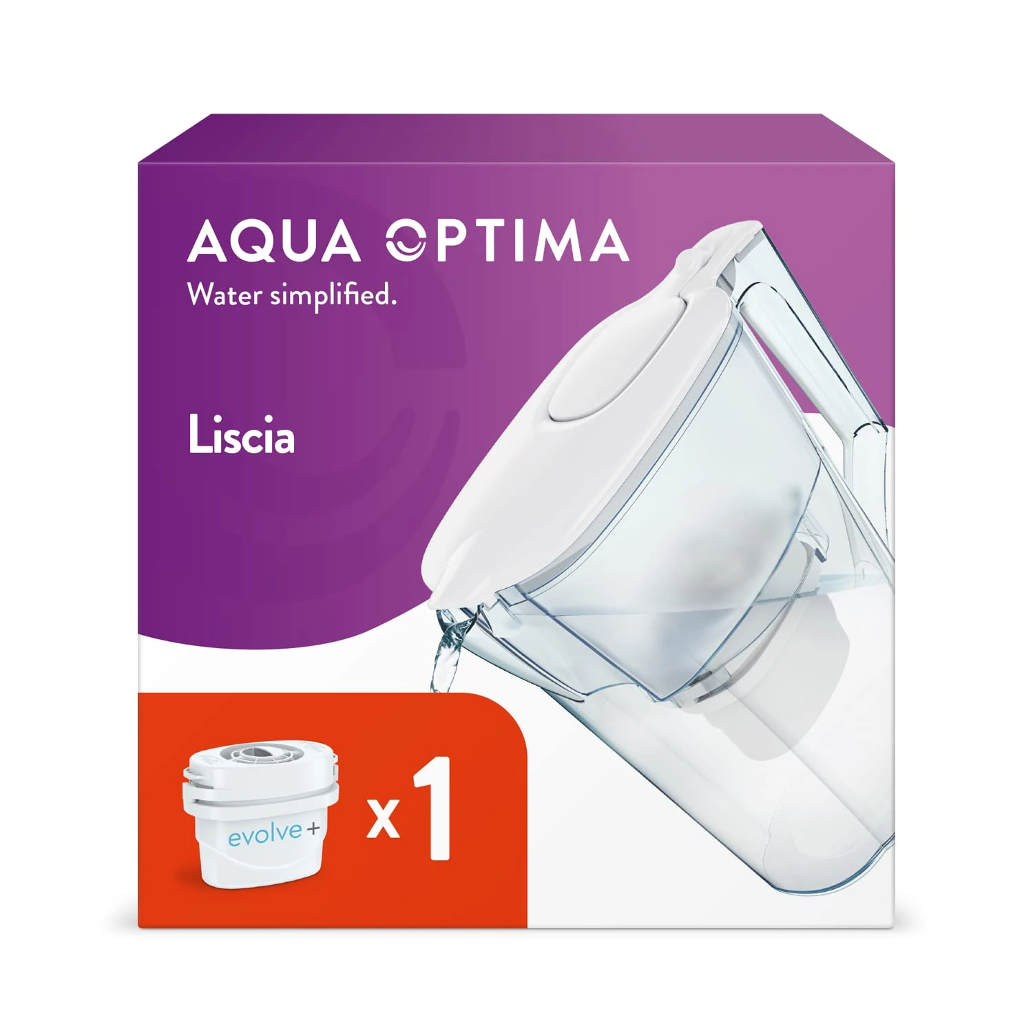 Aqua Optima Liscia Water Filter Jug & 1 Evolve+ Filter Cartridges 2.5L White - Fridge & Dishwasher Friendly, Easy Fill - Reduces Limescale, Chlorine & Other Impurities - By LAICA (Packaging May Vary)