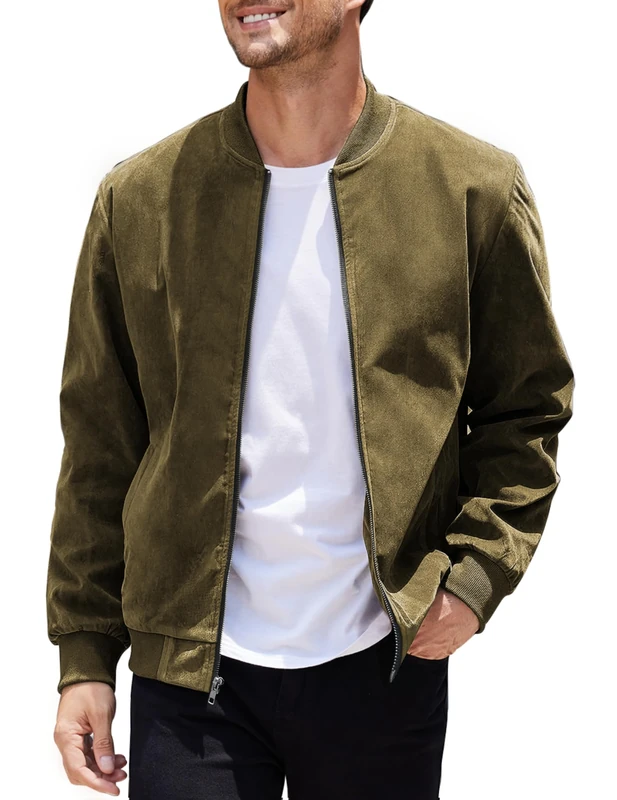 COOFANDY Men's Casual Varsity Jacket Vintage Lightweight Suede Bomber Jackets, Army Green, XL