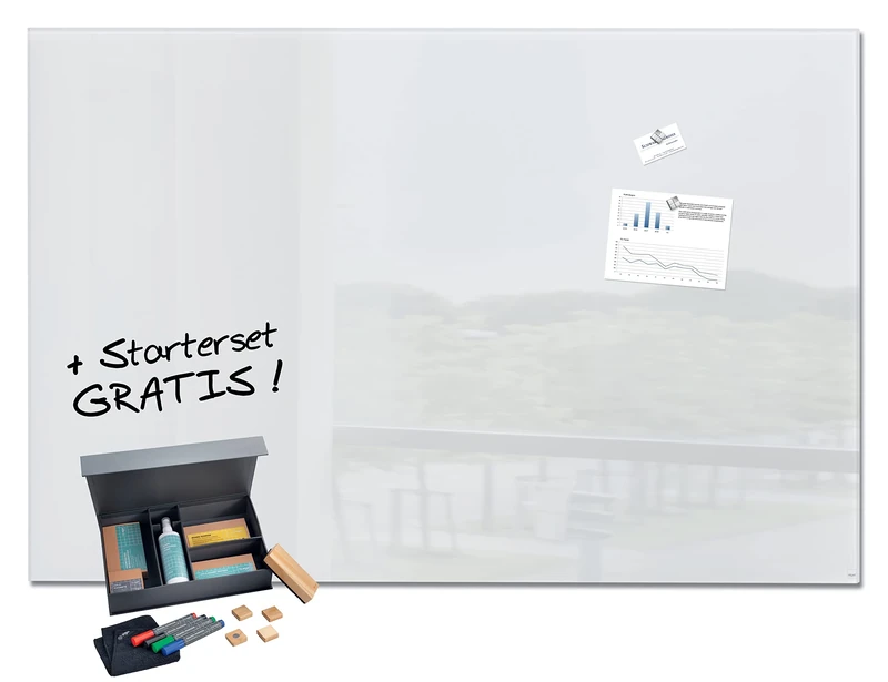 SIGEL SF479 Premium Glass magnetic Board / White Board, glossy surface, 150 x 100 cm, super White + 6 magnets, markers and 3 cleaning supplies - Artverum
