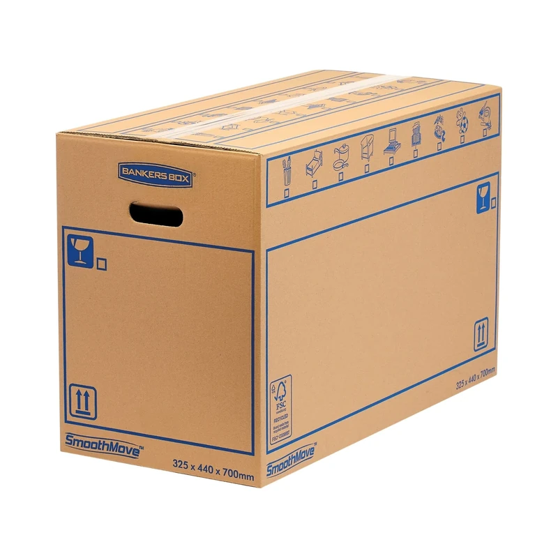 15 BANKERS BOX EXTRA LARGE Strong Moving Boxes, 100L SmoothMove Cardboard for Packing & Moving, Heavy Duty Double Wall for Moving House with Handles, 70cm x 44cm x 33cm (Pack of 15), Brown
