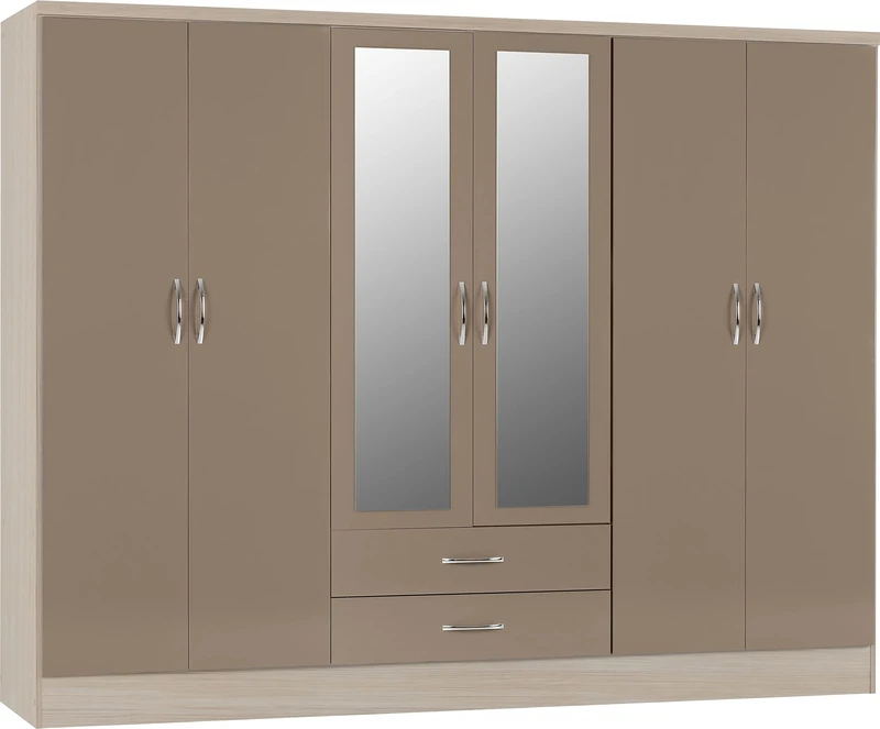 Seconique Nevada 6 Door 2 Drawer Wardrobe in Oyster Gloss/Light Oak Effect Veneer