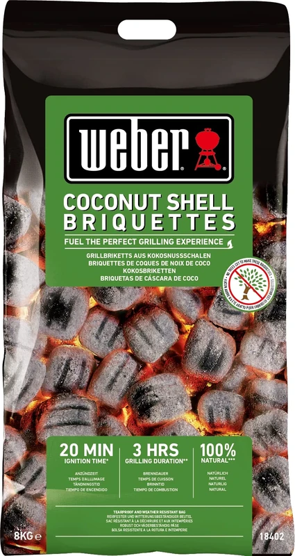 Weber Grill Briquettes from Coconut Shells (8kg bag), high performance, for long and consistent heat, ideal for longer grilling of grill food, 100% natural (18402)