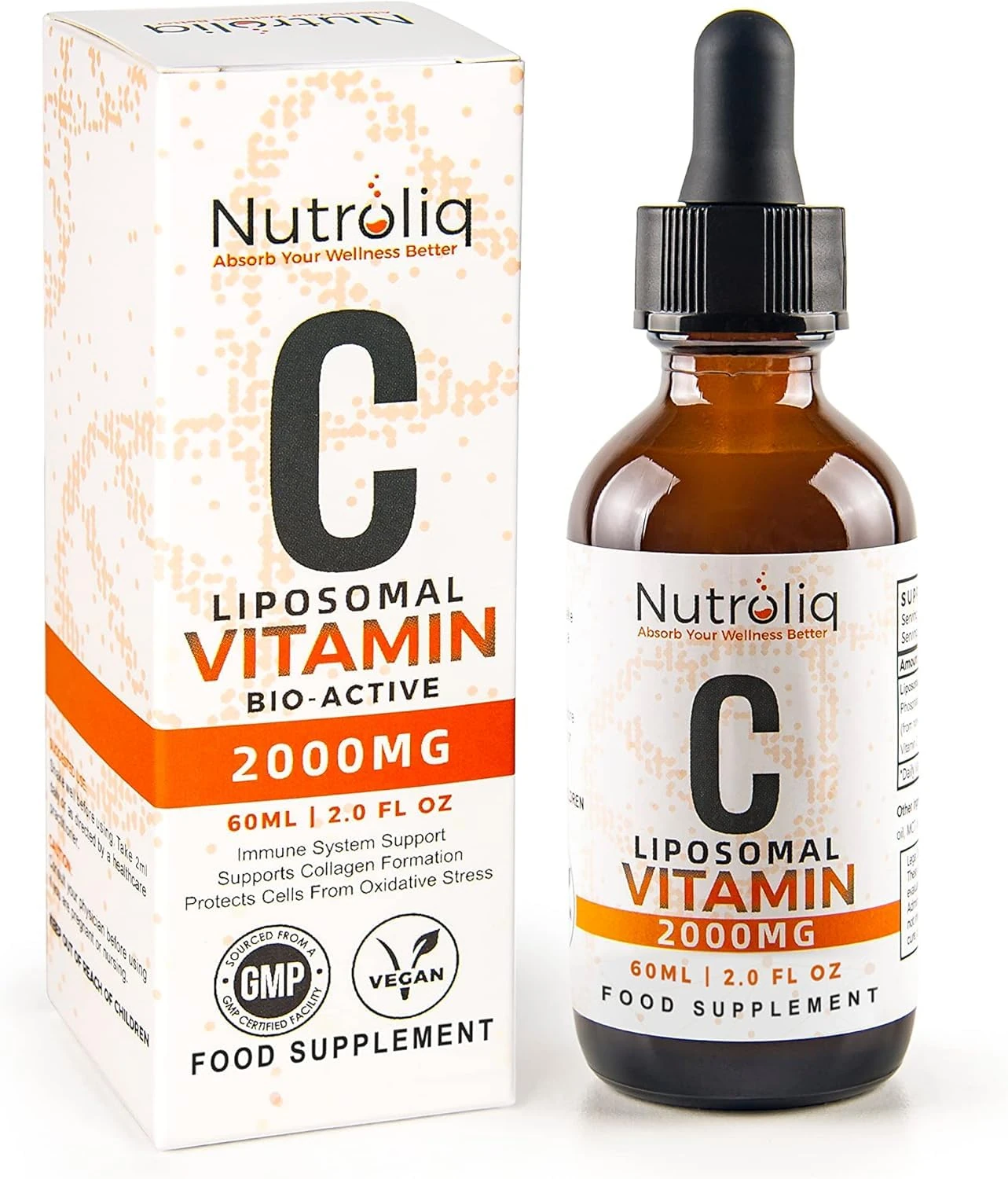 Nutroliq Liposomal Vitamin C Liquid Drops - Vegan Supplements for Men & Women's Health - Helps Boost Immune System - Quick-Absorbing, 2000mg Per Serving, Natural Orange Flavour (60 ml)