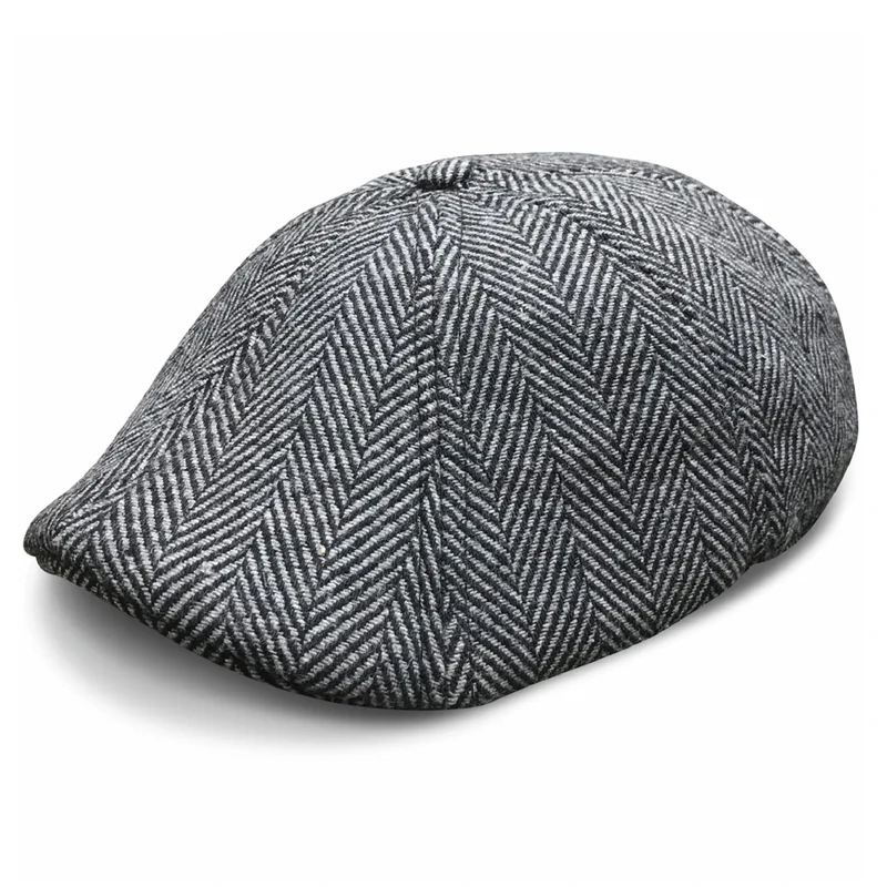 The Original Boston Scally Cap - The Peaky Newsboy Flat Cap - 6 Panel Cotton Fitted Hat for Men - Grey Herringbone, Grey Herringbone, XXL