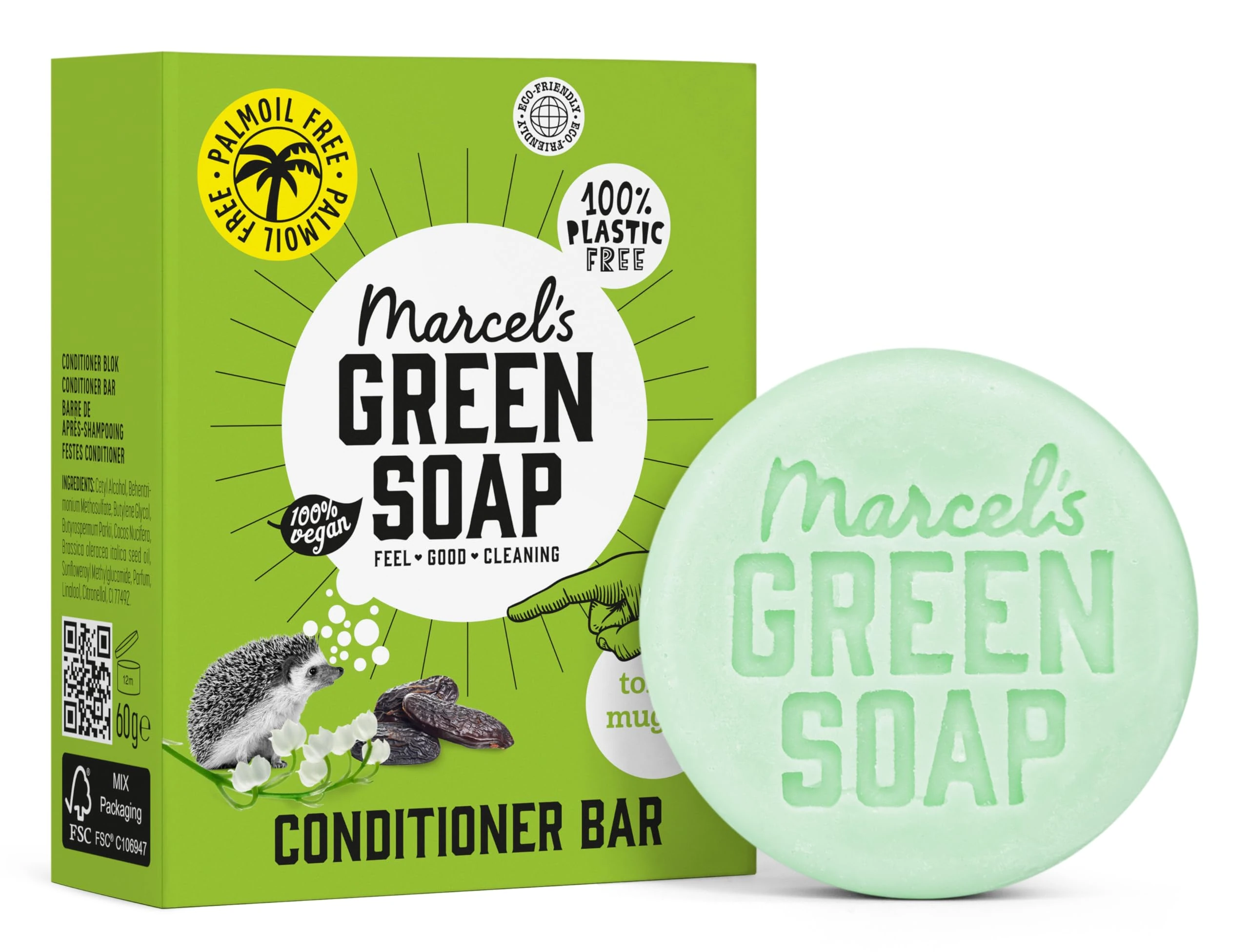 Marcel's Green Soap - Hair Conditioner Bar Tonka & Muguet Scents - Eco-Friendly - Zero Plastic Packaging - Palm Oil Free - Vegans - Compact and Long-Lasting - 60 grams