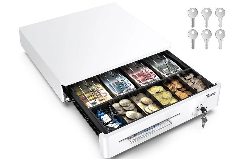 Tera Electronic cash register drawer with 1 removable coin compartment, banknotes cash drawer touch, 4 banknote compartments and 1 media compartment, model 330R, white