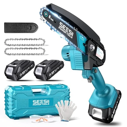Seesii Mini Chainsaw Cordless 6-inch, Handheld Electric Power Chain Saw with 2 Batteries, for Tree Trimming Wood Cutting, Best Gifts for Dad, Husband