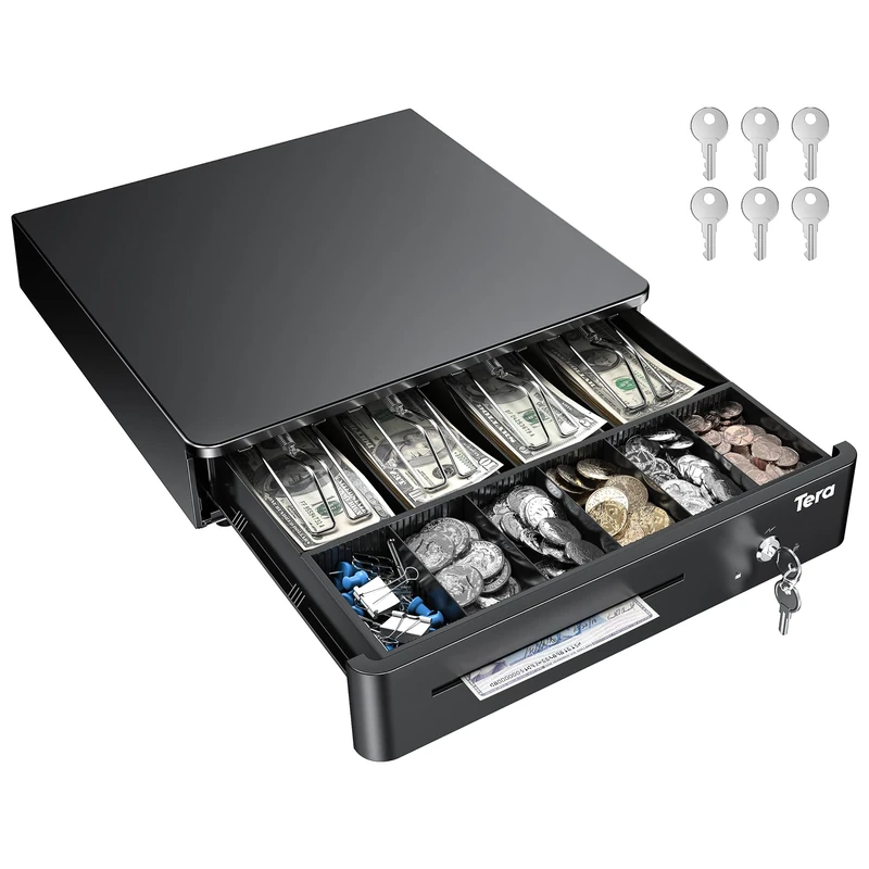 Tera 13" Auto Open Cash Register Drawer Heavy Duty with Fully Removable Insert Tray 5 Keys 4 Bill 6 Coin Media Slot 12V RJ12 Key-Lock (Round Corner) for Point of Sale (POS) System Small Business 330R