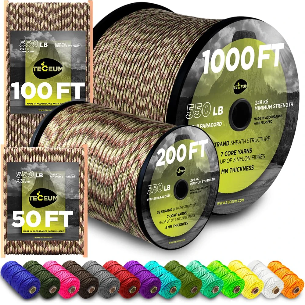 TECEUM Paracord Type III 550 Camo – 15 m – 4mm – Tactical Rope MIL-SPEC – Outdoor Para Cord – Camping Hiking Fishing Gear and Equipment – EDC Parachute Cord – Strong Survival Rope (50ft) 788