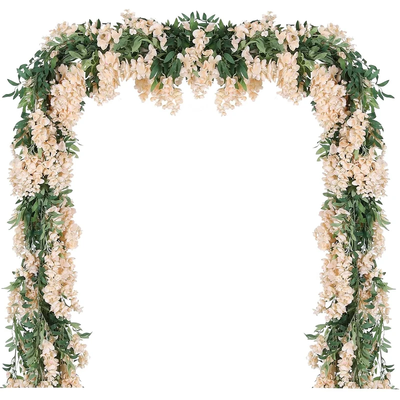 Duovlo 4Pcs 6.6Ft/Piece Imitation Silk Wisteria Garland Hanging Flower Vine for Home Outdoor Garden Ceremony Wedding Arch Floral Decor (Champagne)