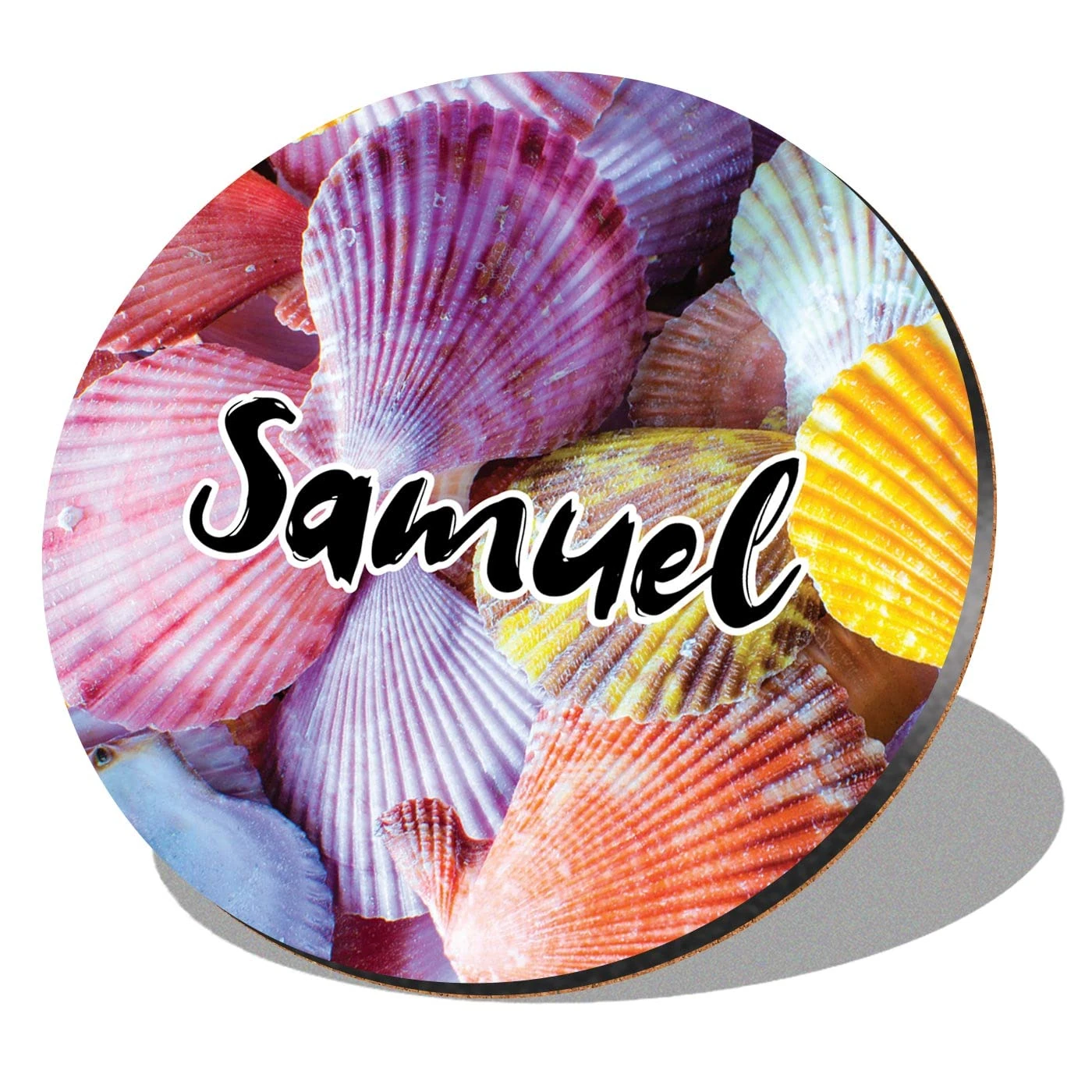 1 x Round Coaster - Name Samuel Sea Shells Letter Lettering Initial Cork Backed MDF Glossy Tea Coffee Accessory #265233