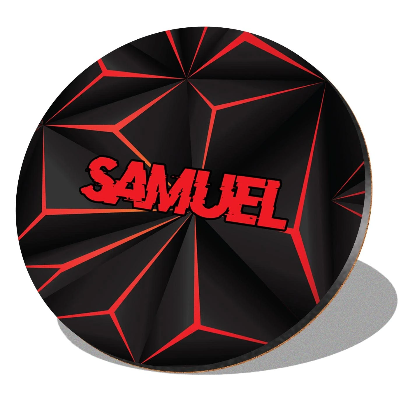 1 x Round Coaster - Name Samuel Gamer Black Red Video Game Letter Lettering Initial Cork Backed MDF Glossy Tea Coffee Accessory #273600
