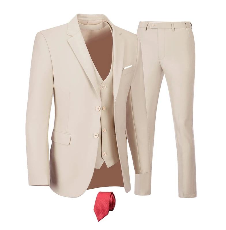 Furuyal Men's 3 Piece Slim Fit Suit Set Two Button Wedding Business Tuxedo Jacket Vest Pants with Tie, Apricot, XS
