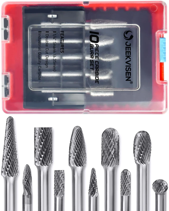 JEEKVISEN Tungsten Carbide Burr Set 1/4 Shank 10Pcs Die Grinder Bits - Double Cut Rotary Burr for Metal Deburring, Finishing, Carving, Grinding, Polishing, Engraving, Drilling