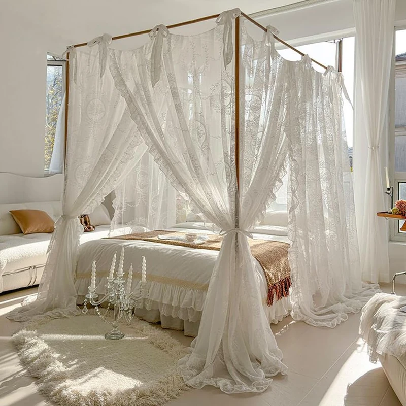 SCMTYWCQ Elegant Lace Princess 4 Corner Post Mosquito Net Romantic for Girls Women Bed Curtain Canopy for Adult Wedding Bedroom Kids Rooms Decoration (Color-A, King)