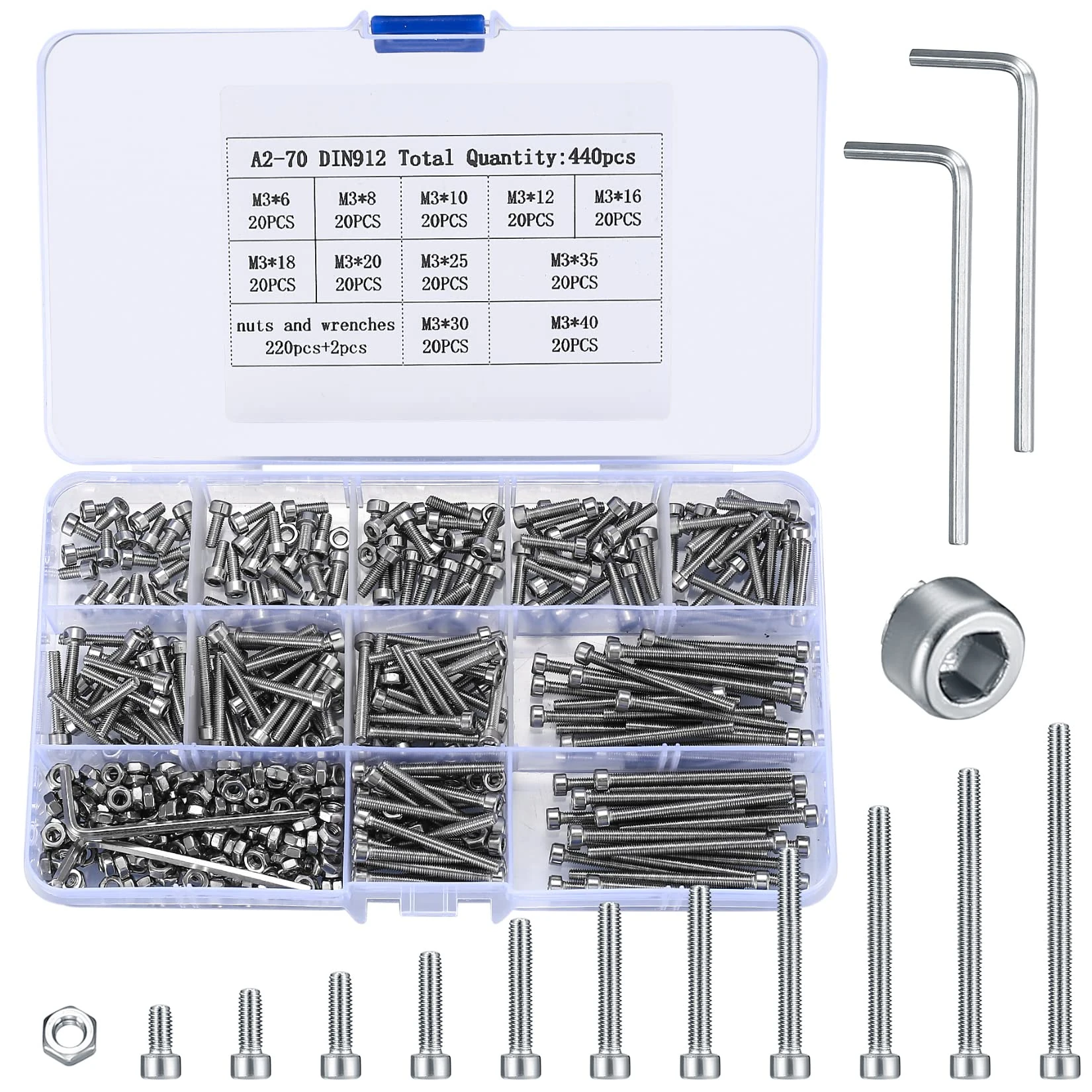 440 Pcs M3 Bolts and Nuts Set, Hex Socket Button Head Cap Screws Assortment Kit, Stainless Steel Replacement Machine Fastener Screws Bolts Nuts Sets