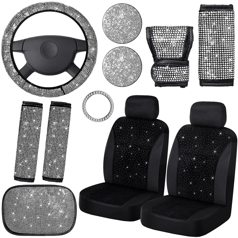 Frienda 13 Pack Bling Car Seat Covers Set Car Diamond Accessories Rhinestone Crystal Steering Wheel Cover, Bling Velvet Breathable Glitter Center Console Pad Universal Car Interior (White)