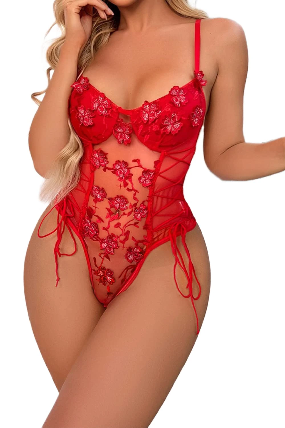marysgift Bodysuits Women One Piece Lace Nightwear Lingerie Babydoll Deep V Neck Leotard Tops Red M UK 8 10
