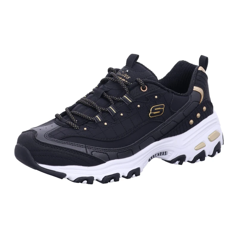 Skechers Women's D'Lites Ladies Night Sneaker, Black Duraleather/Gold Trim, 4 UK
