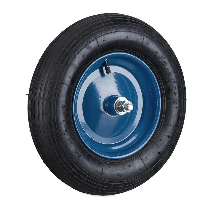 Relaxdays 4.80 4.00-8 Wheelbarrow Tyre, Pneumatic Spare Wheel, 2 PR, Steel Rim and Axle, up to 120 kg, Black/Blue, Rubber, 4.8 4-8
