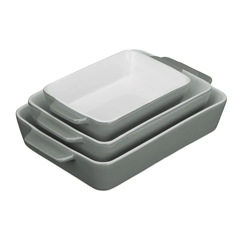 Relaxdays Set of Casserole Dishes in 3 Sizes, Rectangular, for Lasagna, Roast, Tiramisu, Ceramic Oven Form, Grey/White