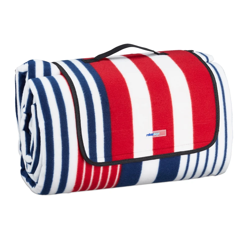 Relaxdays XXL Picnic Blanket, Aluminium Coating, Folding Beach Rug with Handle, 200x300 cm, Striped, Multicoloured, Polyester, 200x300cm - Image 1
