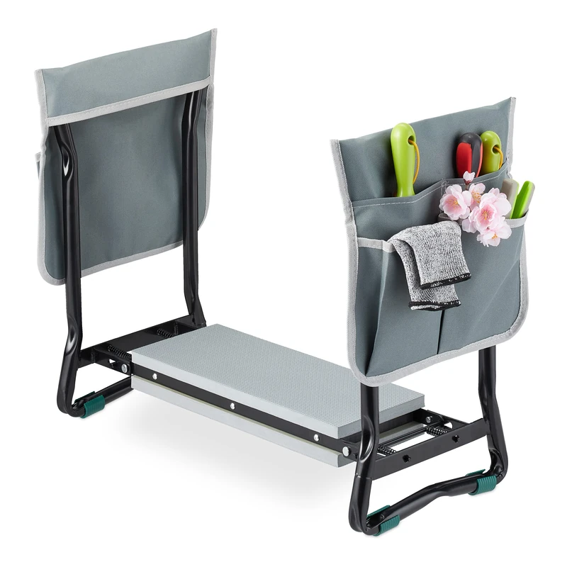 Relaxdays Garden Kneeler, with Pouches for Tools, Padded, for Gardening & Weeding, up to 150 kg, Folding Mat, Black/Grey
