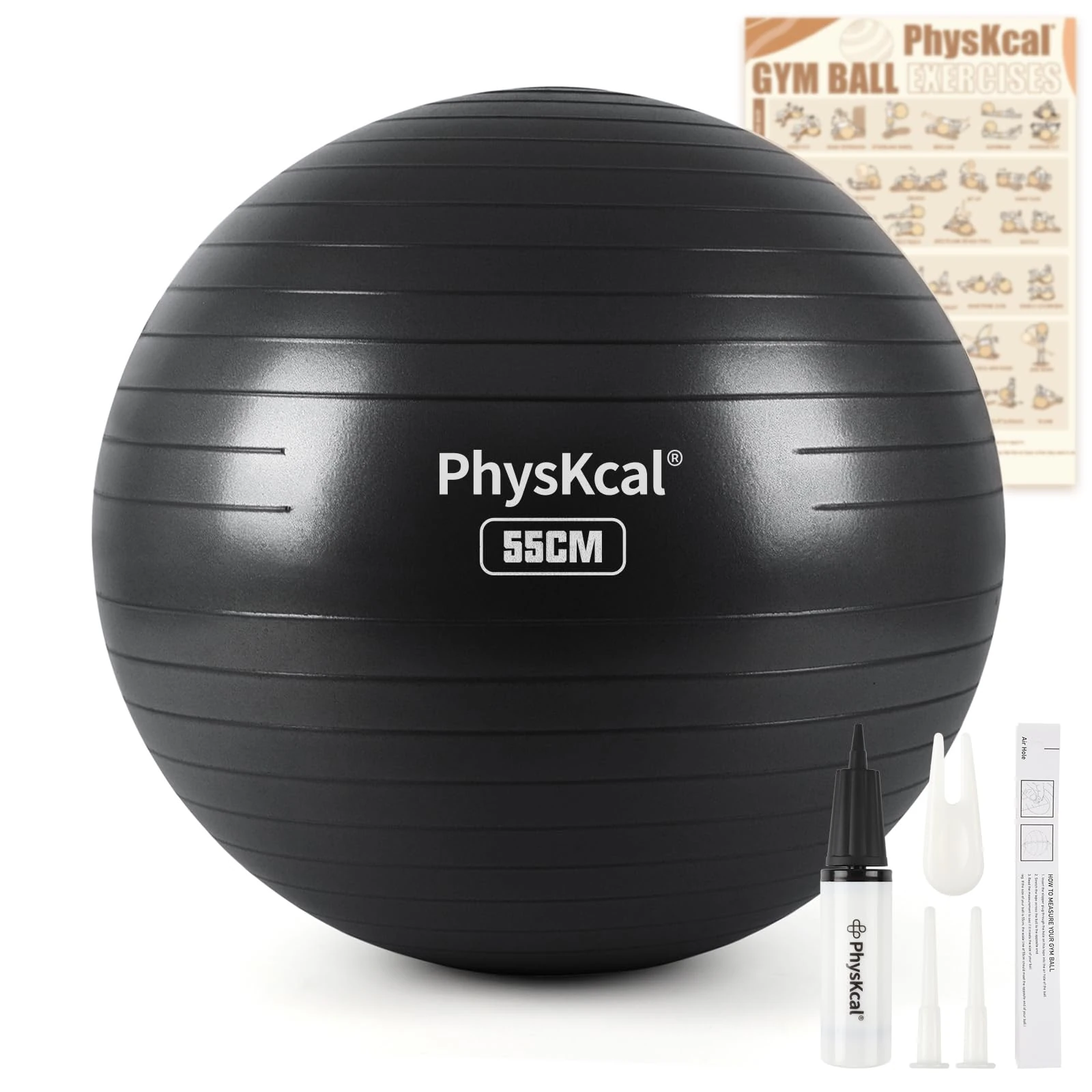 PhysKcal Gym Ball 55cm Black Exercise Swiss Ball for Fitness Yoga Pilates Pregnancy, Anti Burst Ball Chair for Balance, Stability, Quick Pump Included