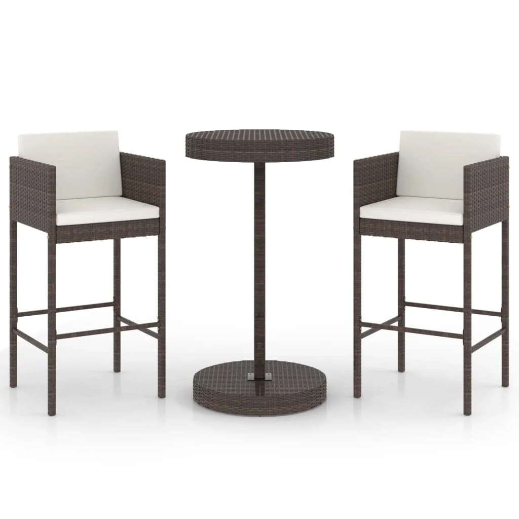 vidaXL Garden Bar Set 3 Piece with Cushions Outdoor Patio Terrace Backyard Furniture Dining Table and Chair Seating Poly Rattan Brown