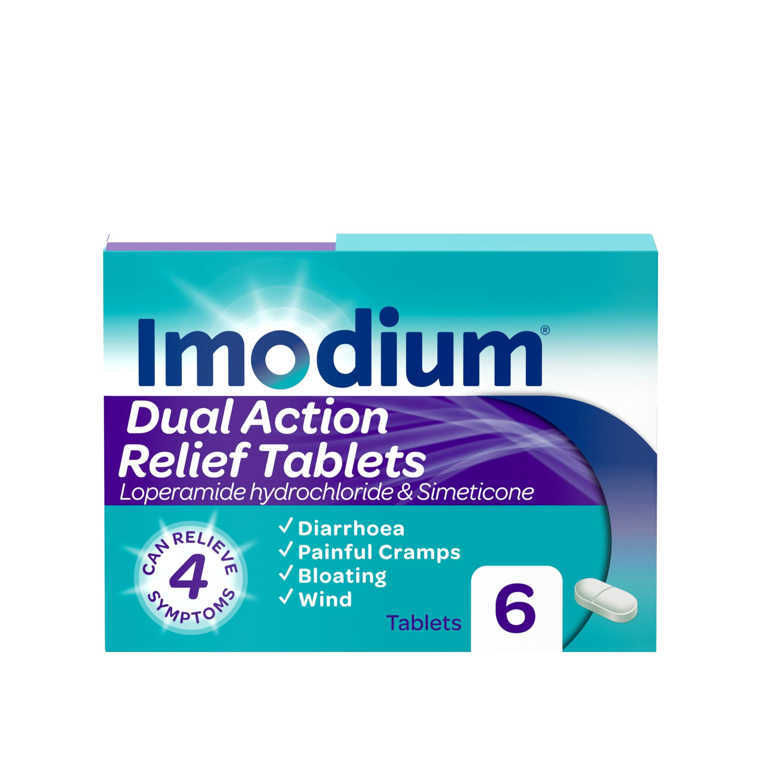 Imodium Dual Action, Diarrhoea Relief (6 Tablets), Helps Restore Gut to Natural Rhythm, with Loperamide Hydrochloride & Simeticone, Diarrhoea Tablets for Cramping, Bloating and Wind