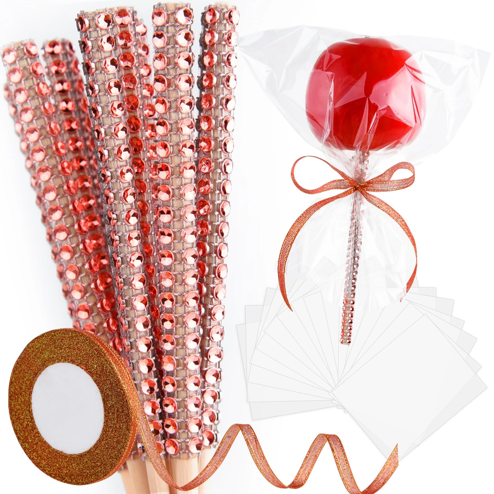 ASTARON 24 Pack Glitter Bling Candy Apple Sticks and Bags, Toffee Caramel Chocolate Kit Including Sticks, Glitter Ribbon and Packaging Bags for Candy Apple Supplies (Red)
