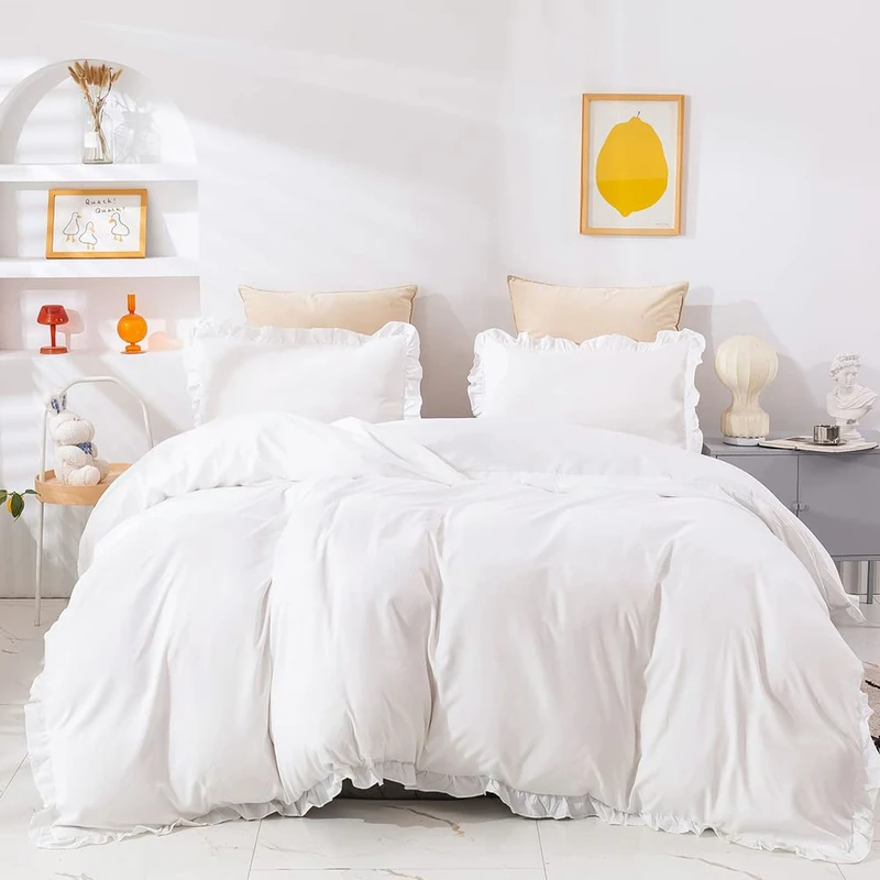 CLOTHKNOW Queen Comforter Set White Ruffles Farmhouse Bedding Comforter Sets All Season Shabby Chic Comforter Soft Comforter with 2 x Pillow Cases