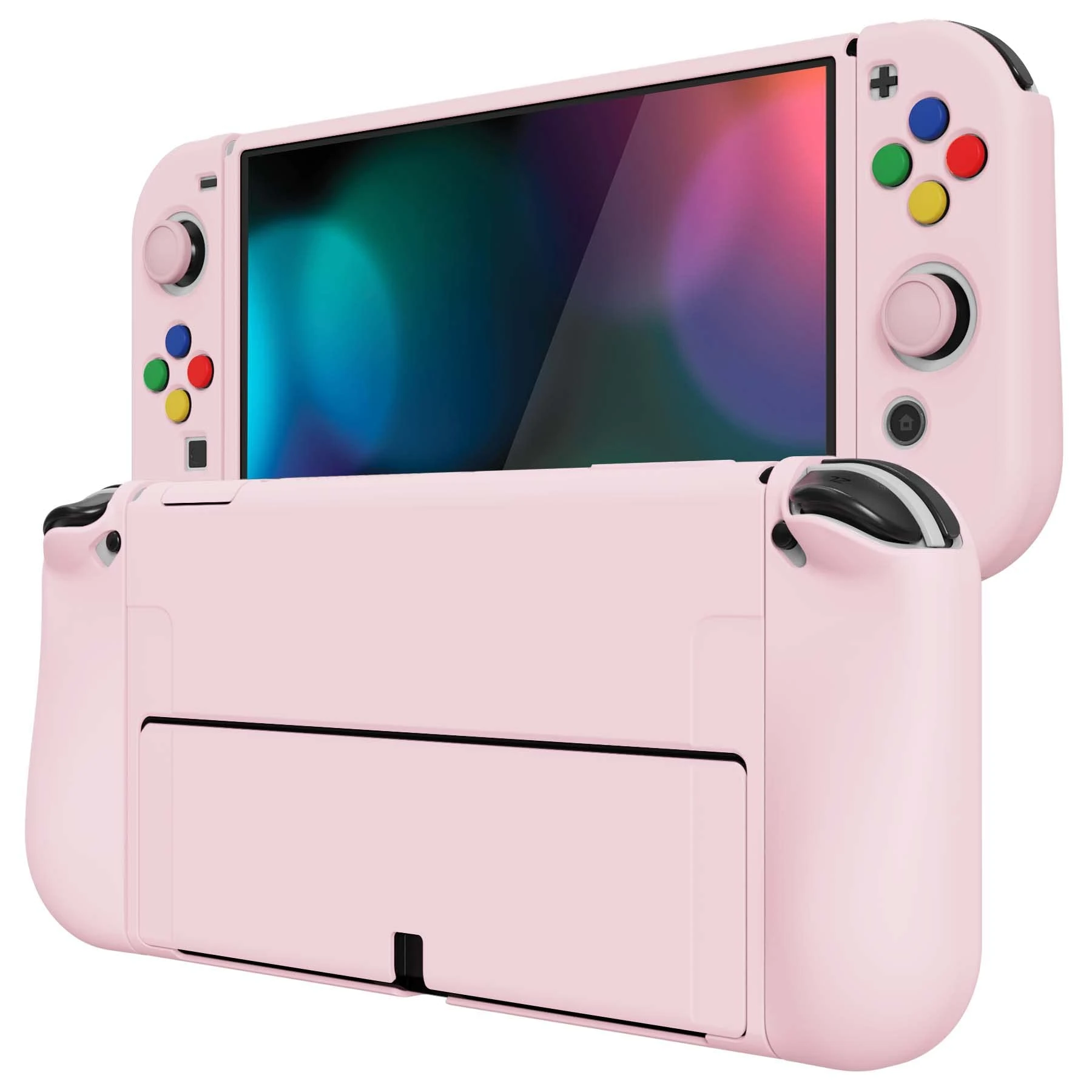 playvital ZealProtect Soft Protective Case for Nintendo Switch OLED, Flexible Protector Joycon Grip Cover for Switch OLED with Thumb Grip Caps & ABXY Direction Button Caps - Cherry Blossoms Pink