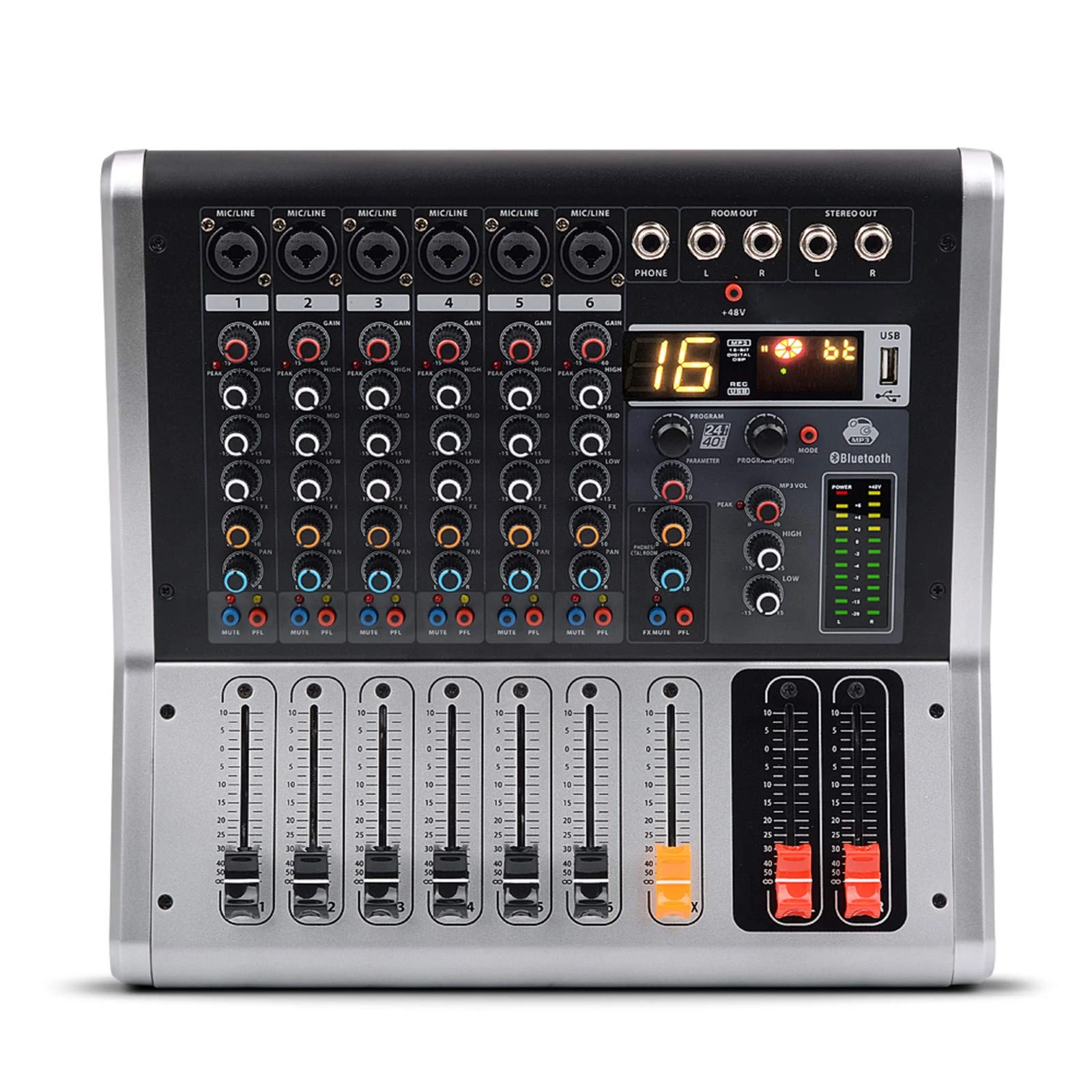 HMTE Studio Mixing Desks, Live Mixers 6 Channels Mixing Console with Mute and PFL Switch Bluetooth Record 3 band 16 DSP Effect Professional USB Audio Mixer DJ Mixer