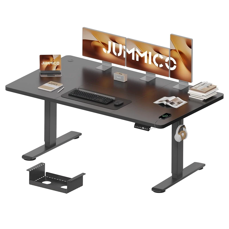 JUMMICO 160 x 80 cm Electric Standing Desk with USB Charging, Sedentary Reminder Height Adjustable Standing Desk, Sit Stand Desk, Adjustable Desk Stand Up Desk for Home Office, Black & Black