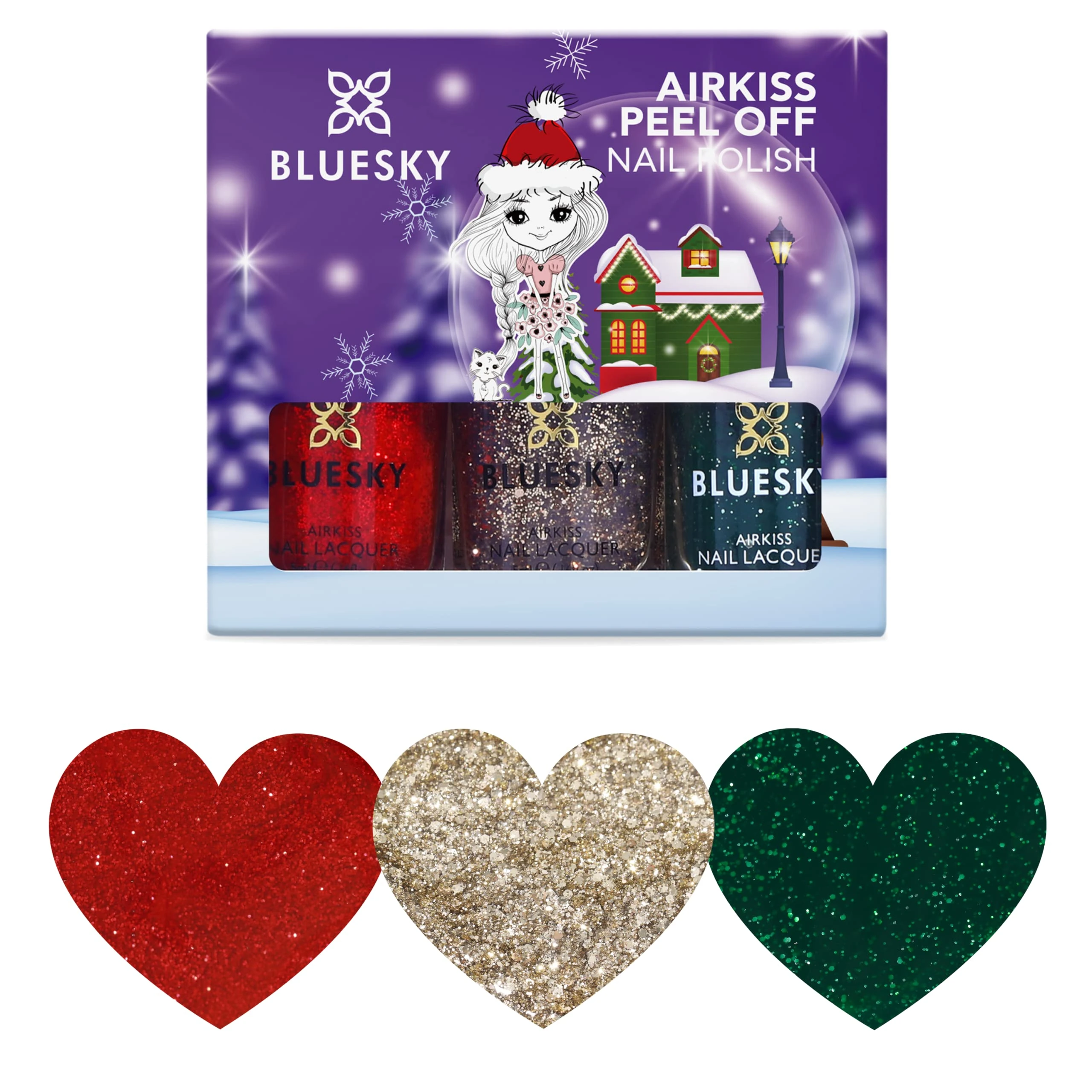 Bluesky Nail Varnish Set – Christmas Glitters Collection. Green, Gold, Red. Easy Peel-off, Non-Toxic, Water- based, Odour-free Nail Polish for Kids, Gift Set, 3 x 5ml with Stickers