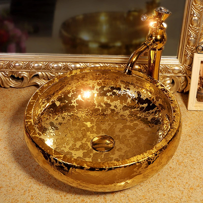 Gold Vessel Sinks Bowl Luxury Gold Glazed Ceramic Vanity Top Sink for Restroom Bathroom Bar Dia.16.4" Size