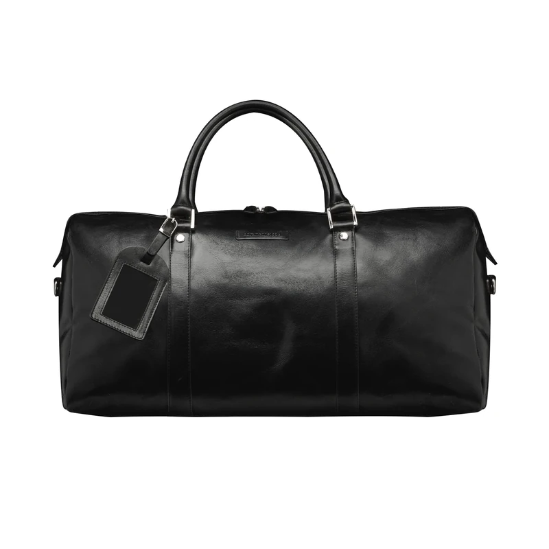 dbramante1928 - Kastrup 2nd Gen. Black - Weekender Leather Duffel Bag for Men and Women - Travel Bag with Textured Leather Handles and Shoulder Strap - Genuine Full Grain Leather